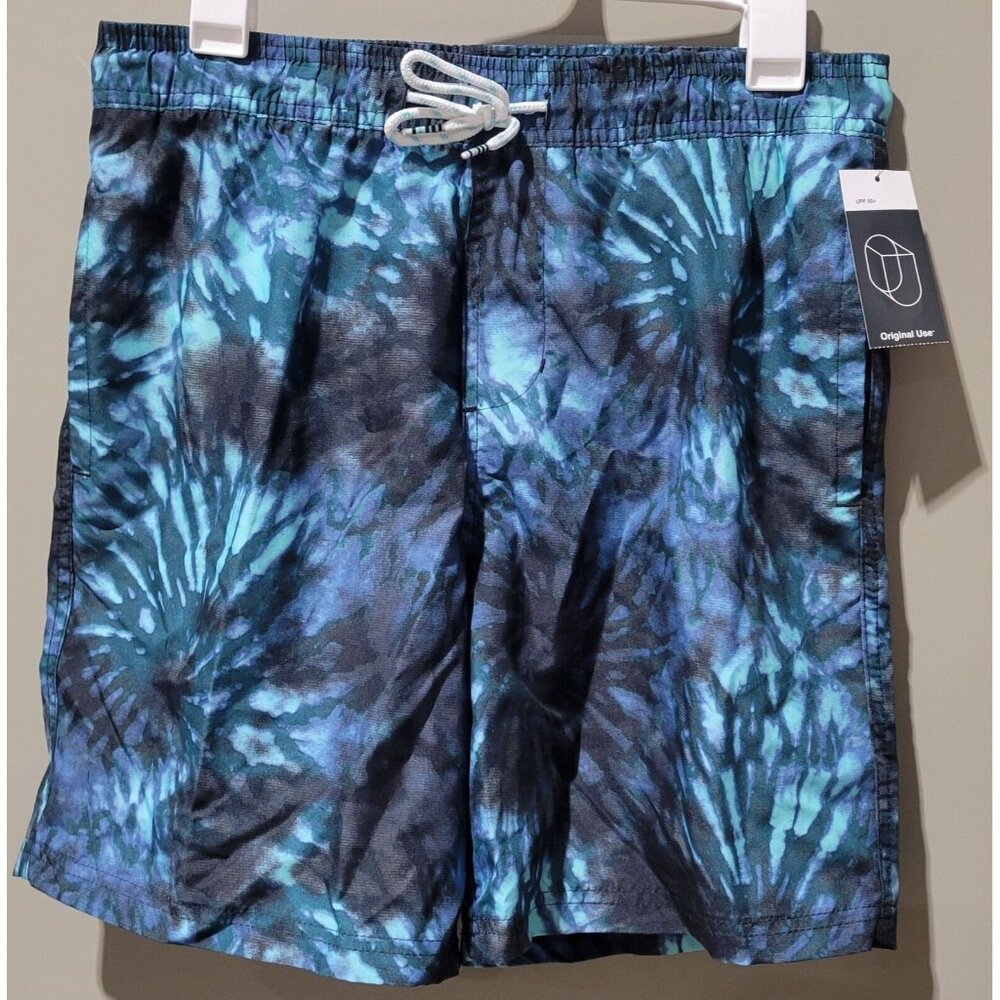 Original Use Men's XL 40/42 Navy Blue & Teal Fireworks Swim Trunks 7" Inseam